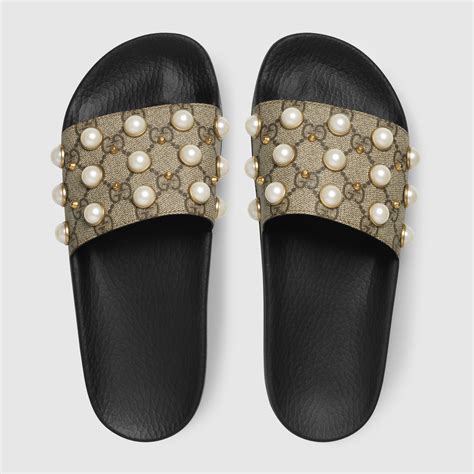 gucci women's gg supreme slides with pearls|all black gucci slides women's.